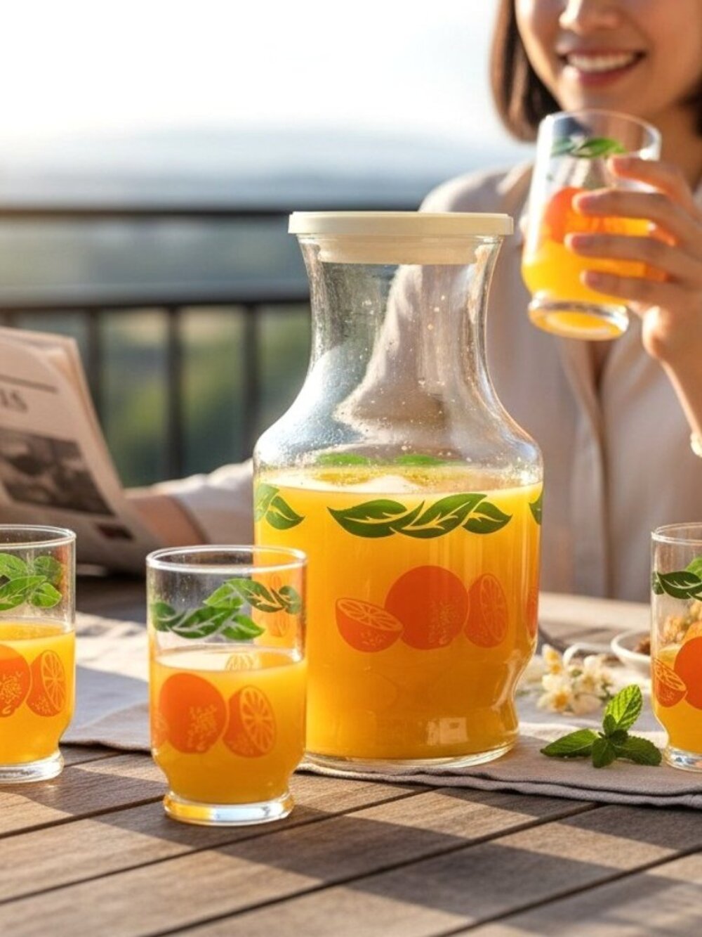 1960s Anchor Hocking Orange Juice Set 5, 1 Carafe & 4 Orange Juice Glasses Retro